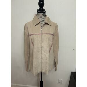 Vintage 90s Tan Suede Jacket w/ Pink Embroidery Western Cowgirl Fairycore Sz L